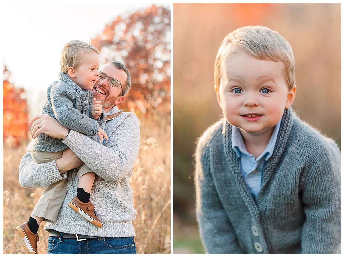 Family Photographer captures candid photo of father and son and posed portrait of young boy with beautiful golden bokeh