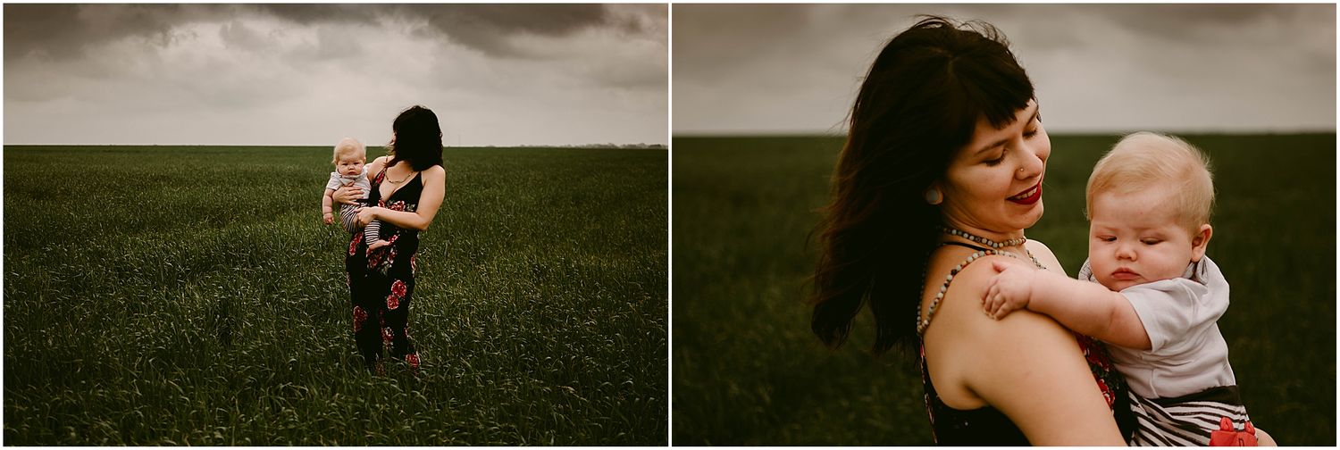 Atmospheric prairie scene with storm clouds gathering over an emotional moment.