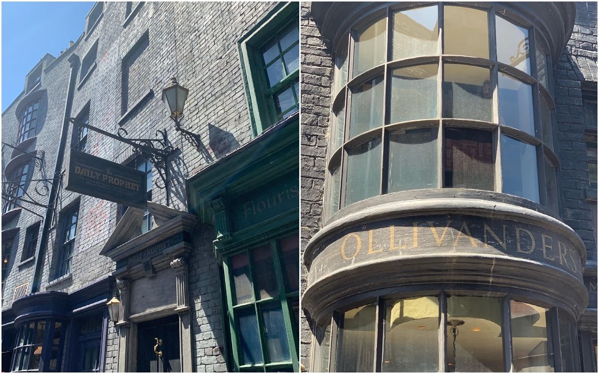 Gothic architectural details of the Wizarding World including curved windows and decorative elements.