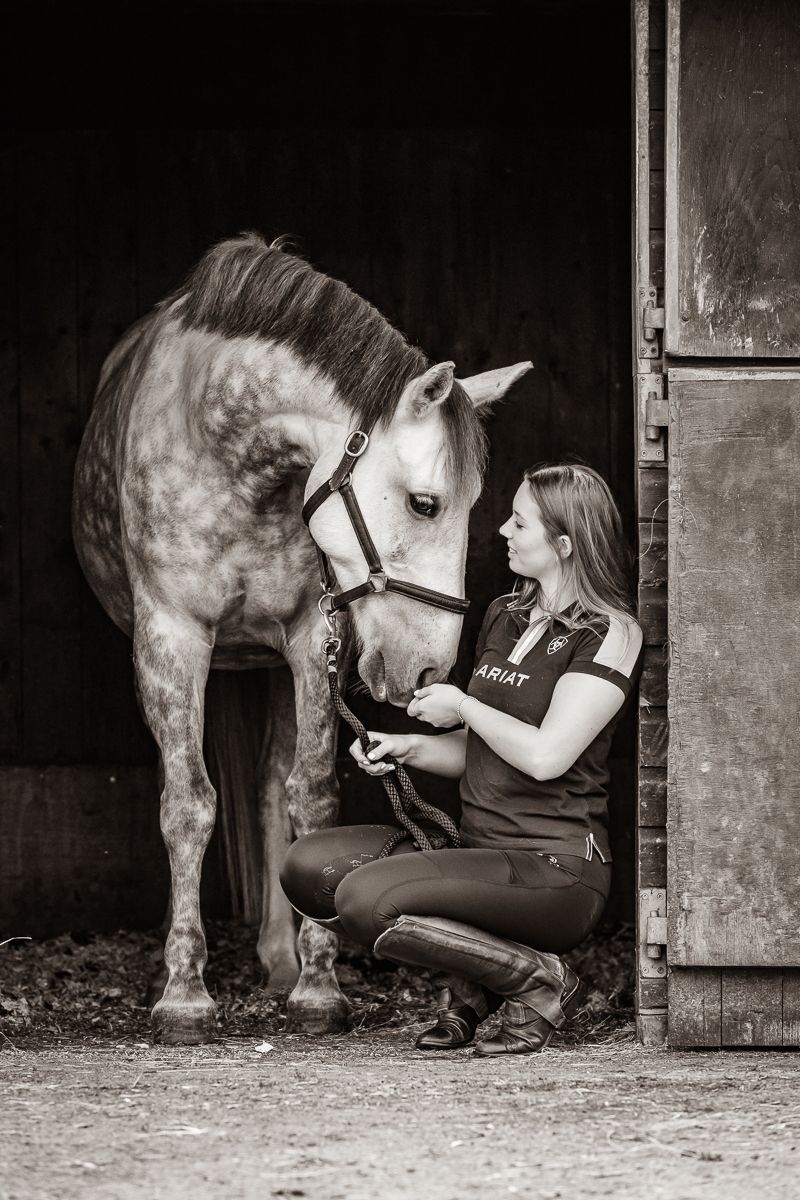 A dappled grey horse and rider sharing an intimate moment in a stable doorway.