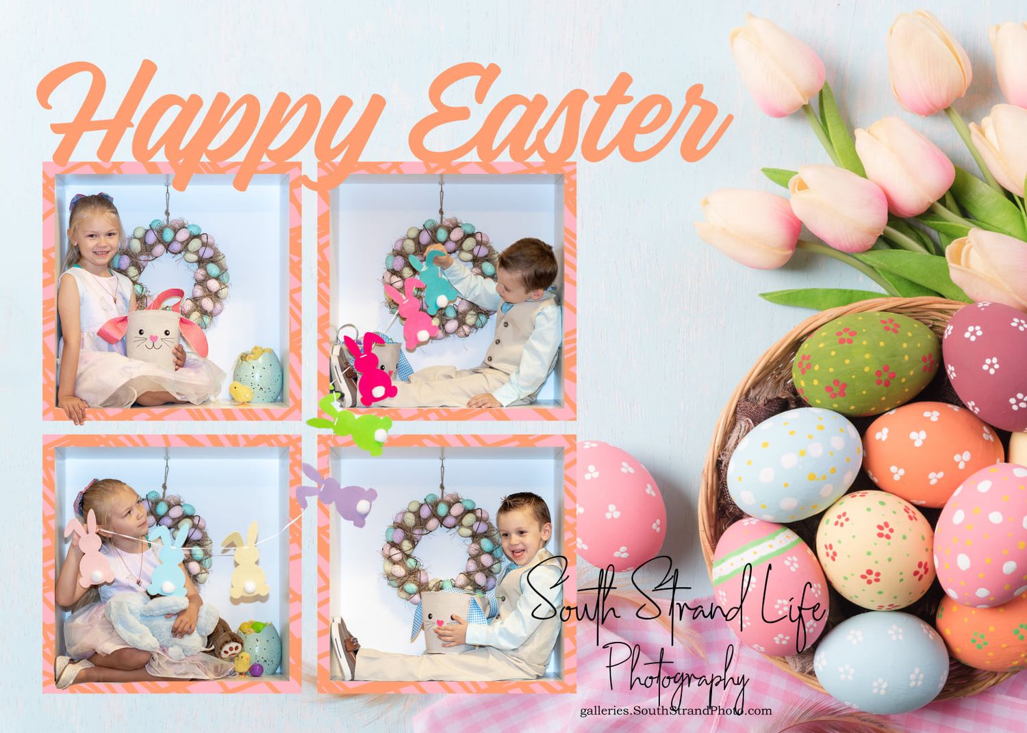 Easter photo collage design with colorful eggs and pink tulips.