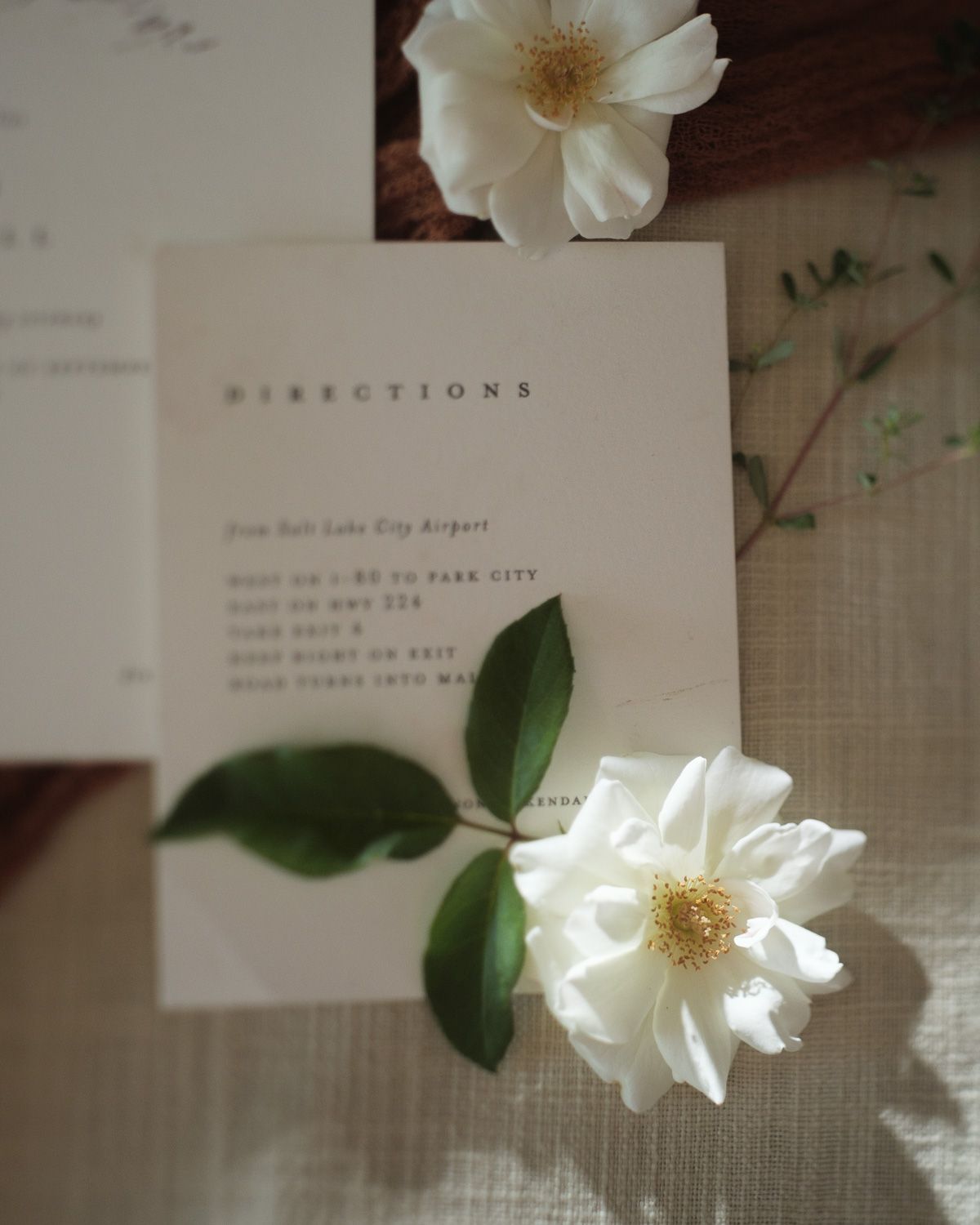 Wedding invitation flatlay. White roses lay elegantly beside a directions card, creating a soft and romantic wedding detail composition.