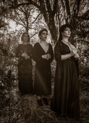 Three figures in flowing black garments stand dramatically against a shadowy woodland backdrop.