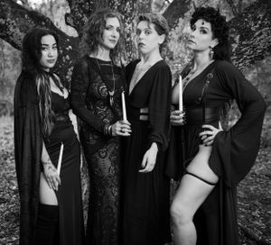 A series of moody photos showing figures in black attire holding candles in a forest setting.