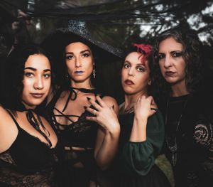 Dramatic close-up portrait series of gothic-styled figures in dark clothing against a moody background.