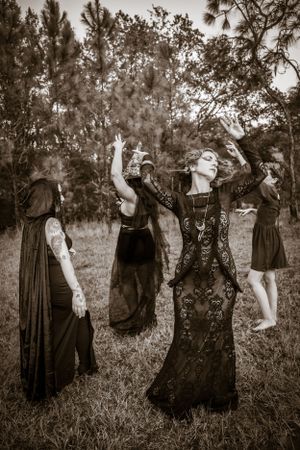 Sepia-toned artistic portraits showing figures in vintage dresses making dramatic gestures outdoors.