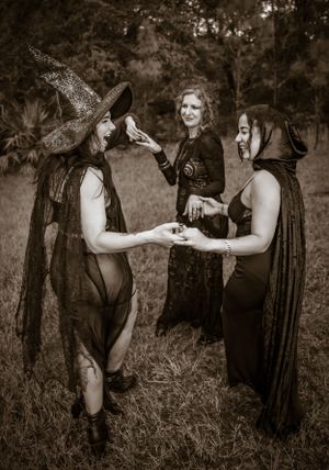 Vintage-style photographs depicting ritual-like interactions between figures in dark clothing.