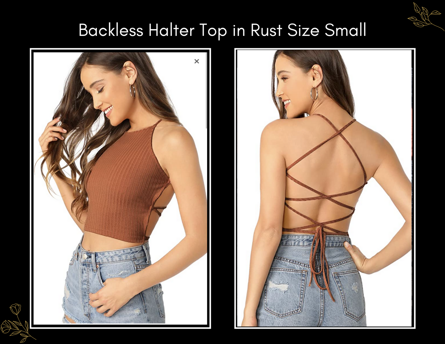 Rust backless halter crop top with lace-up detail, size small.