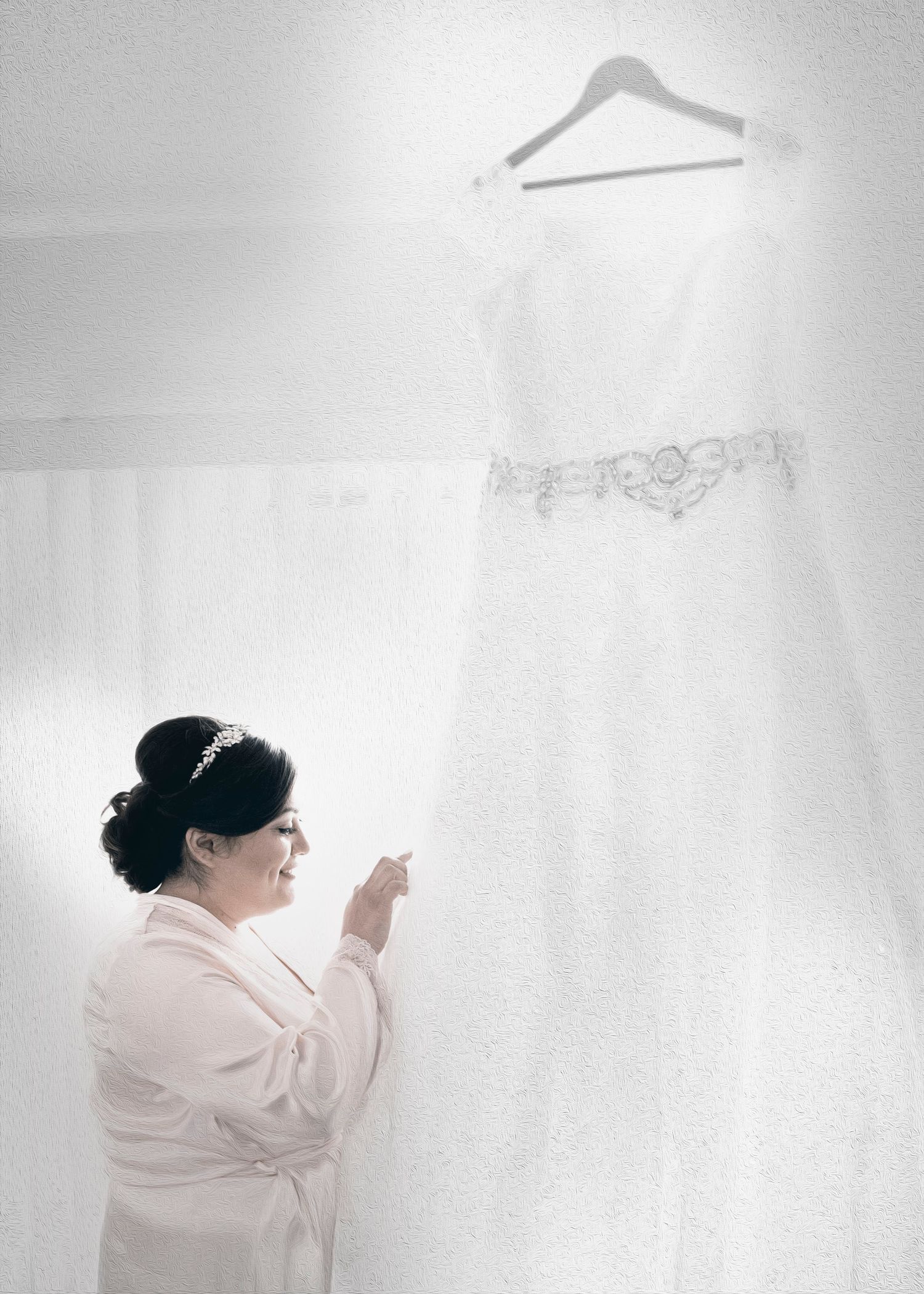 Wedding Dress; Bride looking at the Wedding Dress. Wedding Photographer