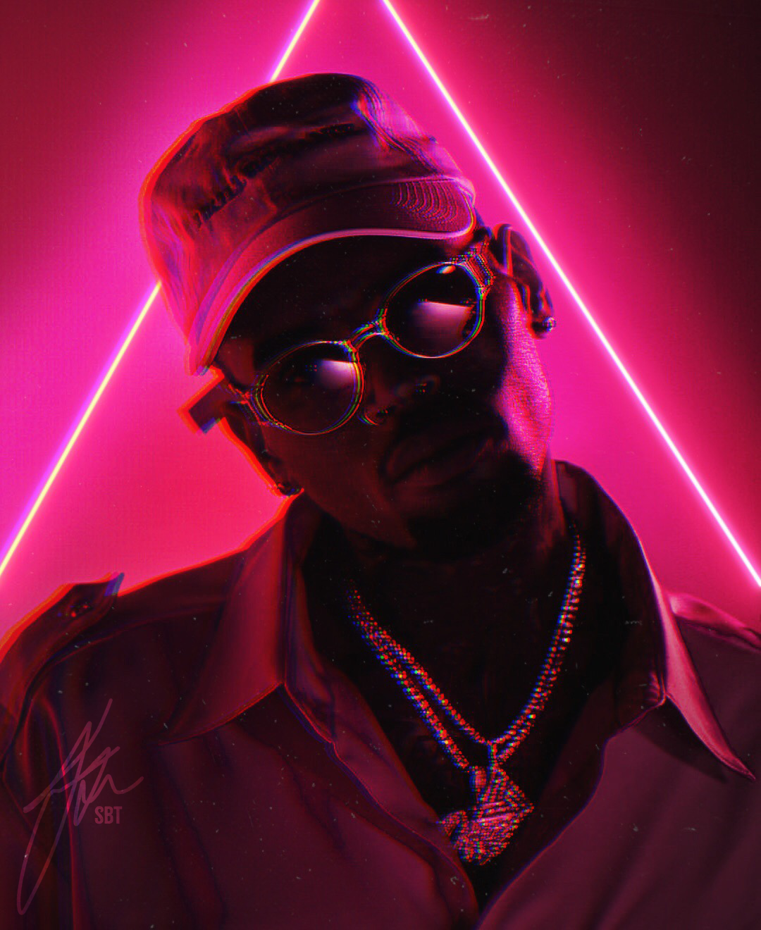 Neon-lit portrait against pink triangular background with retro synthwave aesthetic.