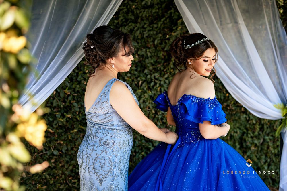 Two elegant dresses, one sparkling blue ballgown and one silver gown, shown against white curtains and greenery.