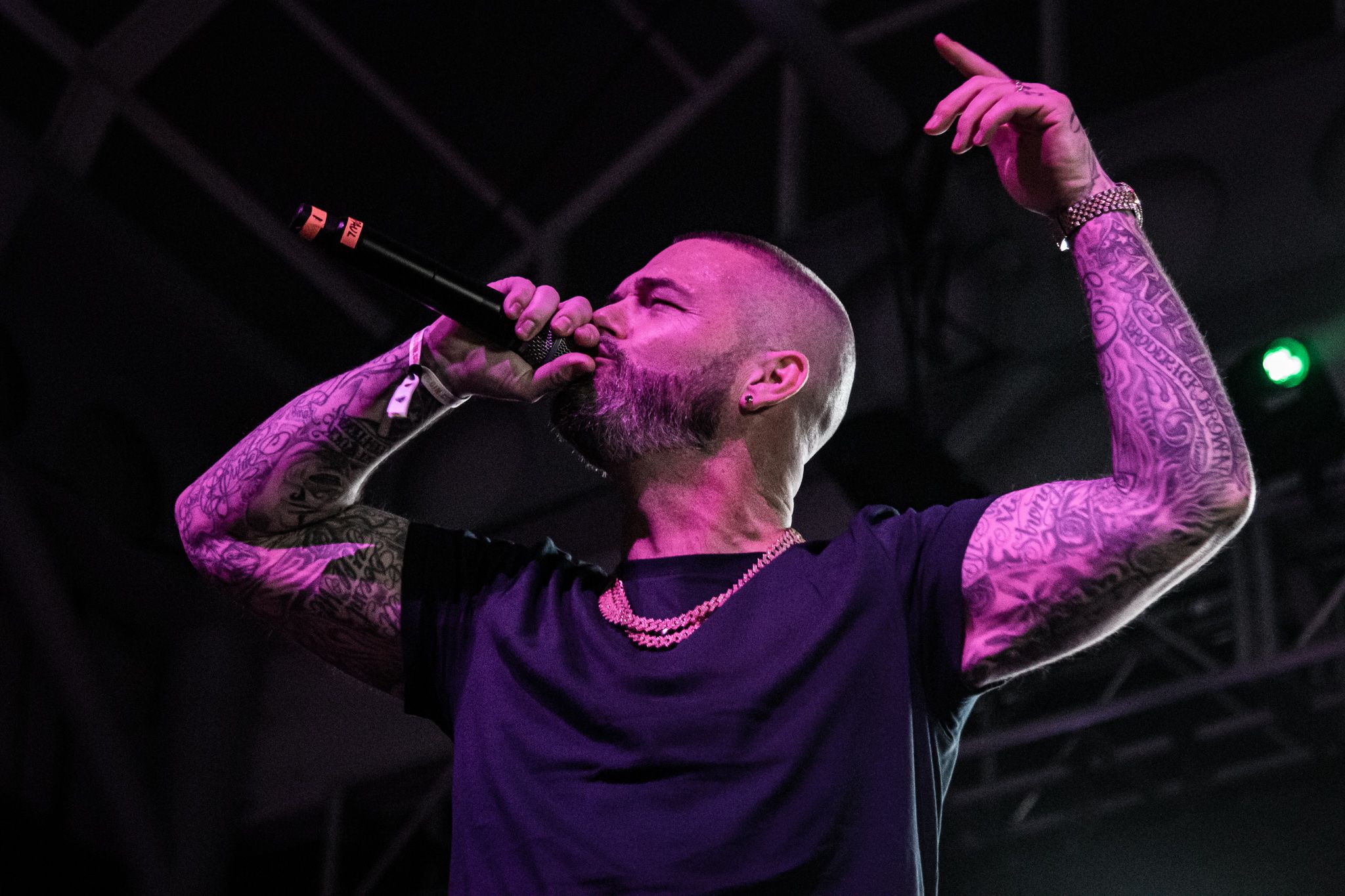 Performer with tattoos and bald head singing into microphone under purple stage lighting at concert venue.
