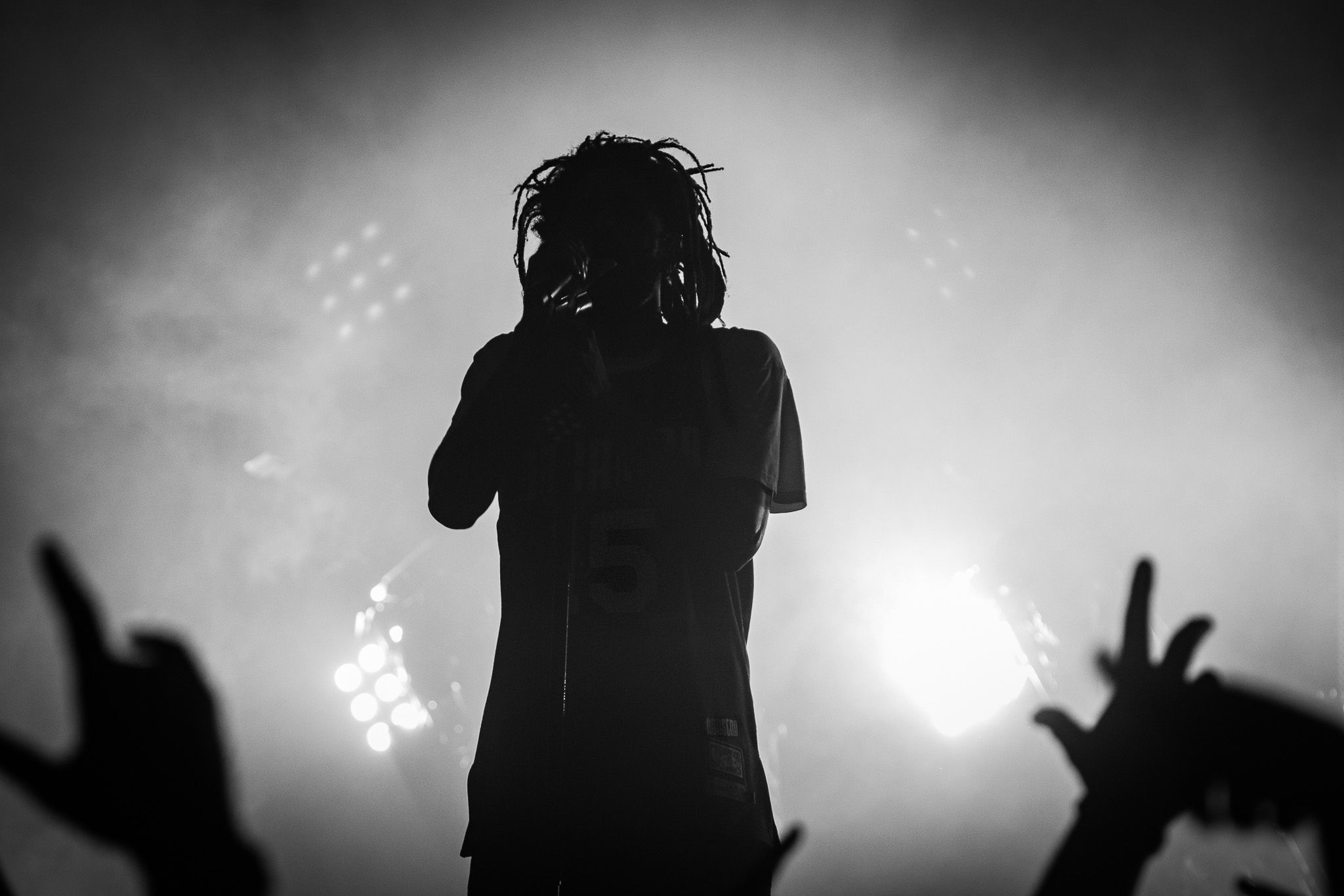 Silhouetted performer on stage with bright backlighting and raised crowd hands in foreground.
