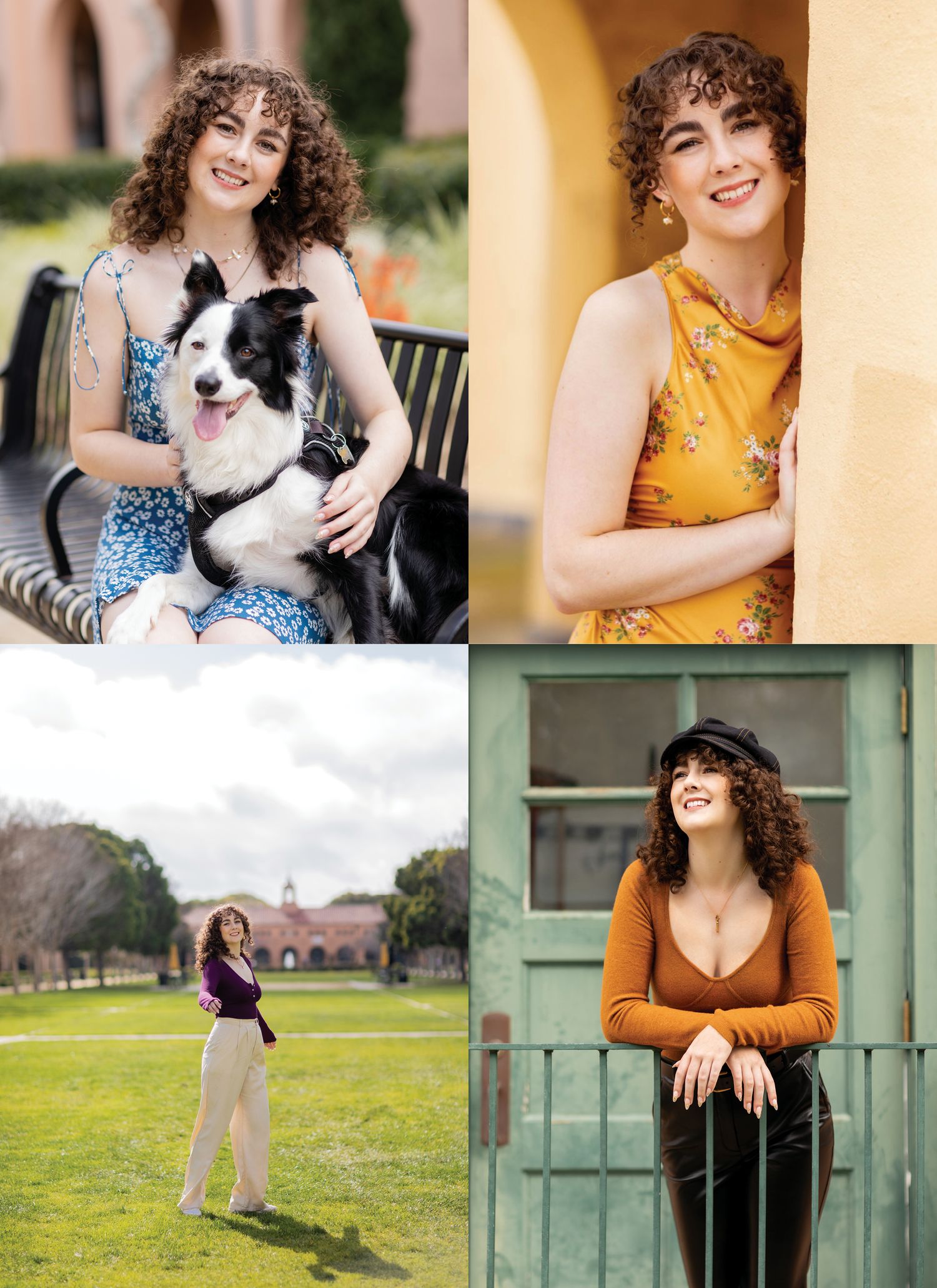 A collection of lifestyle portraits featuring a curly-haired woman in various outdoor and indoor settings wearing colorful outfits.