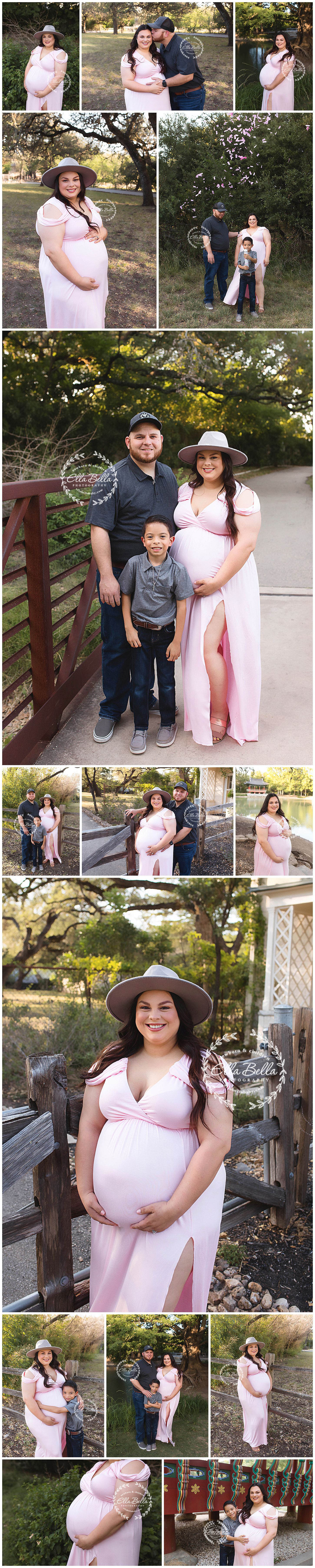 Outdoor maternity photoshoot featuring family in natural setting wearing pink dress and casual attire.