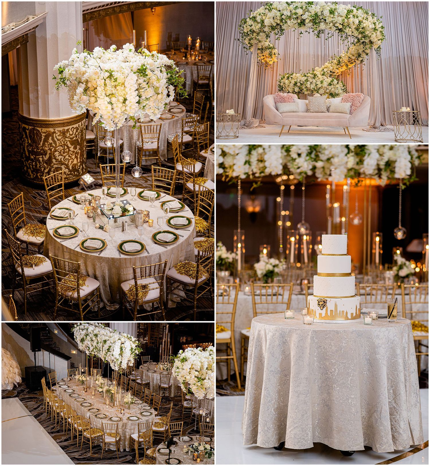 Opulent wedding reception decor featuring white floral arrangements, gold accents and crystal candelabras.