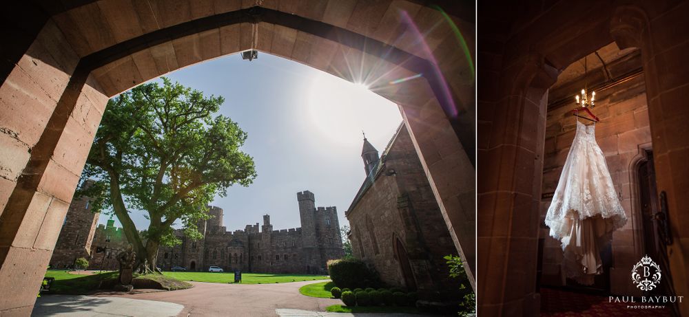 Gothic stone archway frames a castle courtyard with a sunburst and a white wedding dress hanging in an alcove.