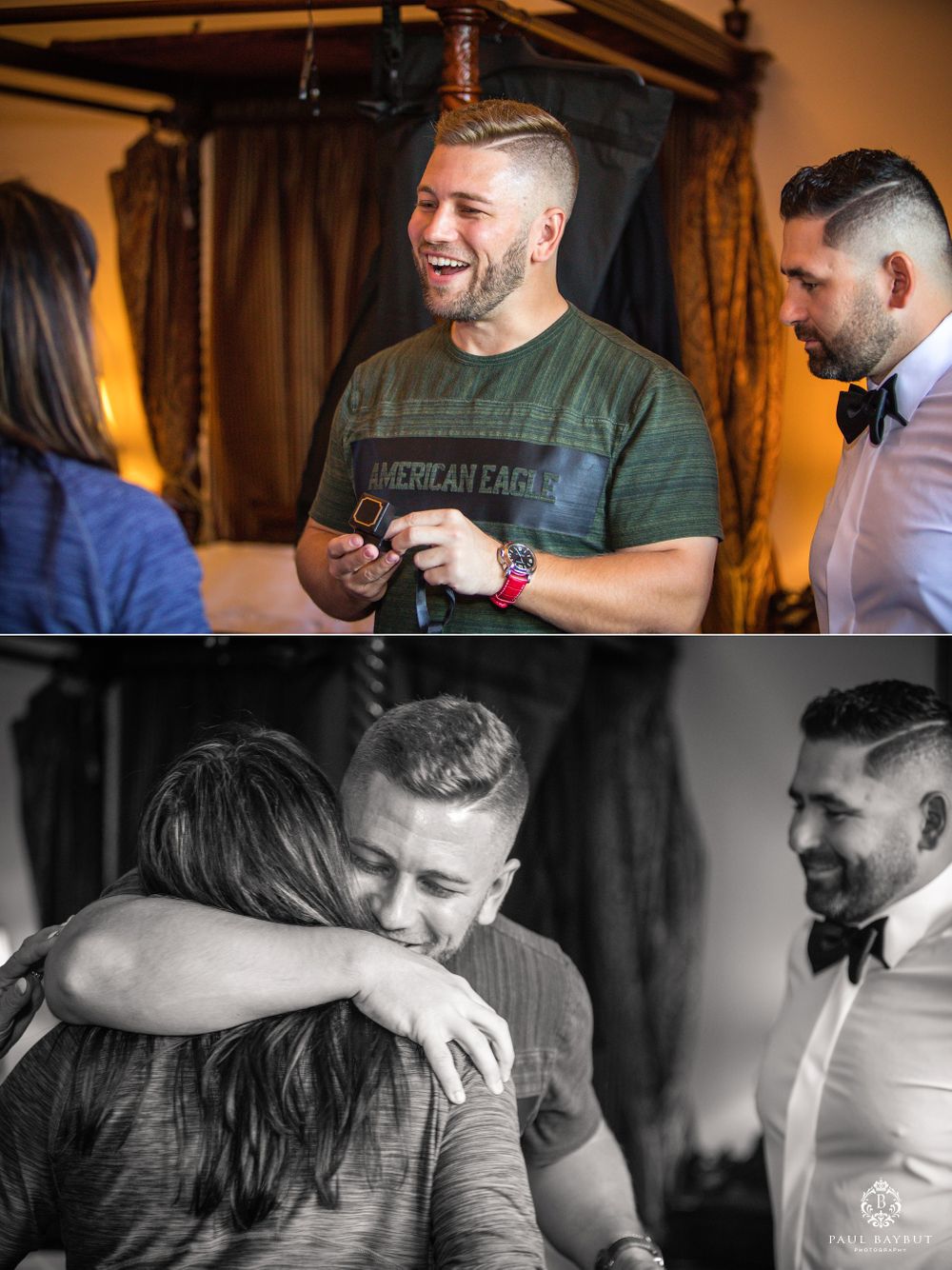 Casual gathering shows people sharing laughs and embraces in warm lighting.