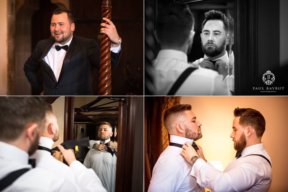 Collage of formal preparation shots showing bow tie and mirror reflections.