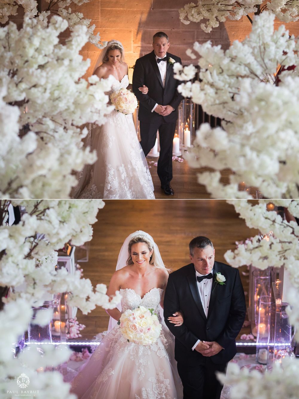 Two views of couple walking down aisle surrounded by white cherry blossom trees in church setting.