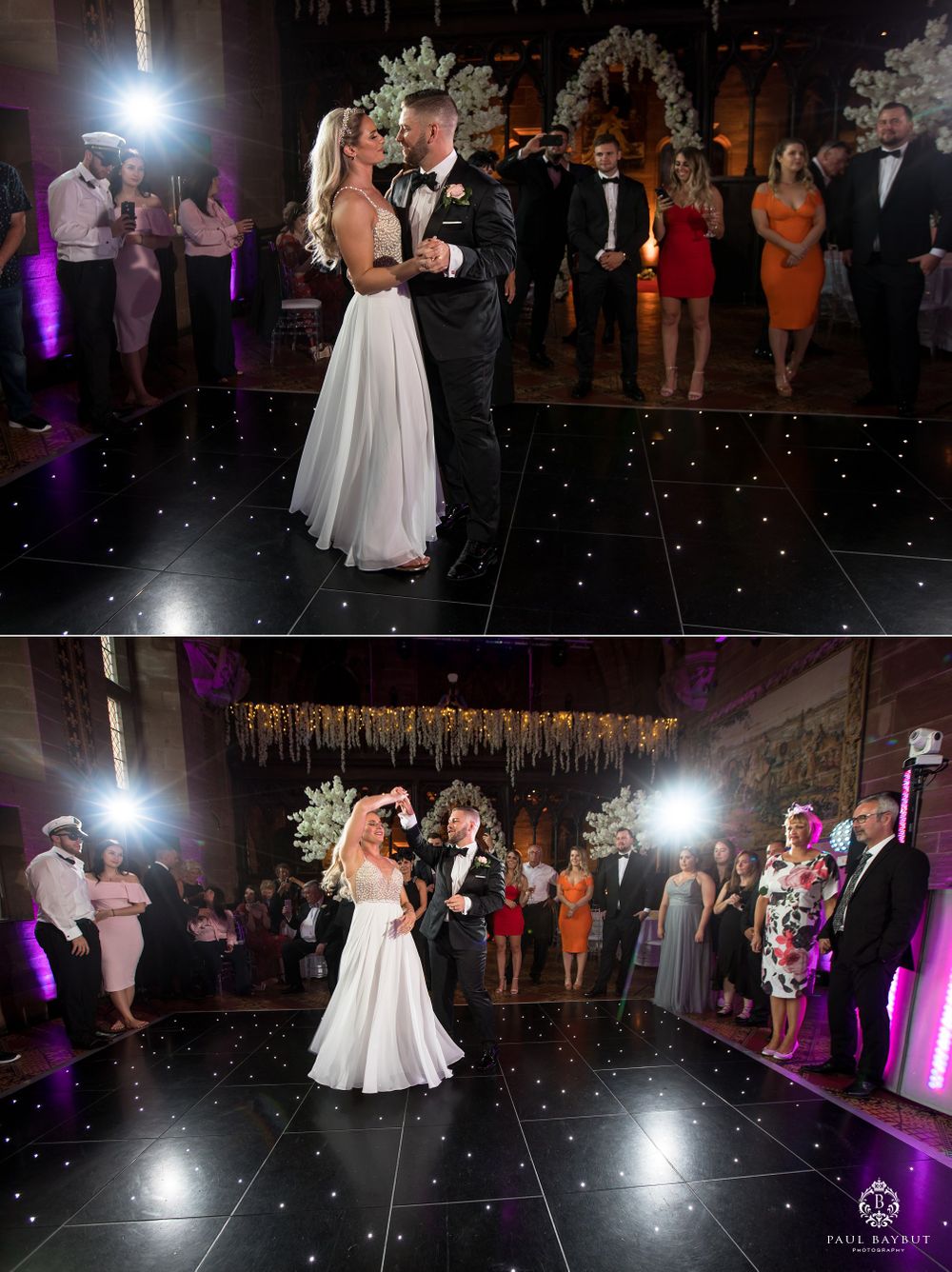 First dance at wedding reception on illuminated black dance floor with guests watching.