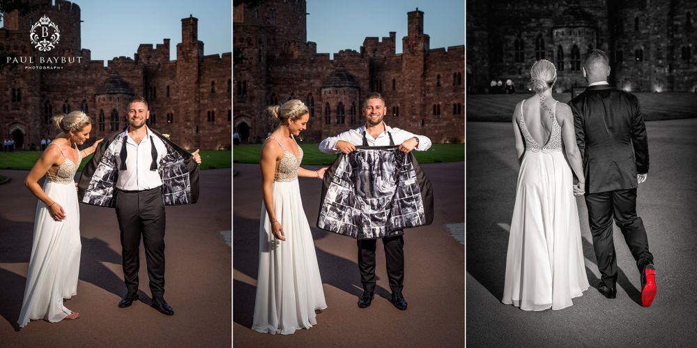 Three-panel wedding portrait series showing couple posing outside historic castle walls.