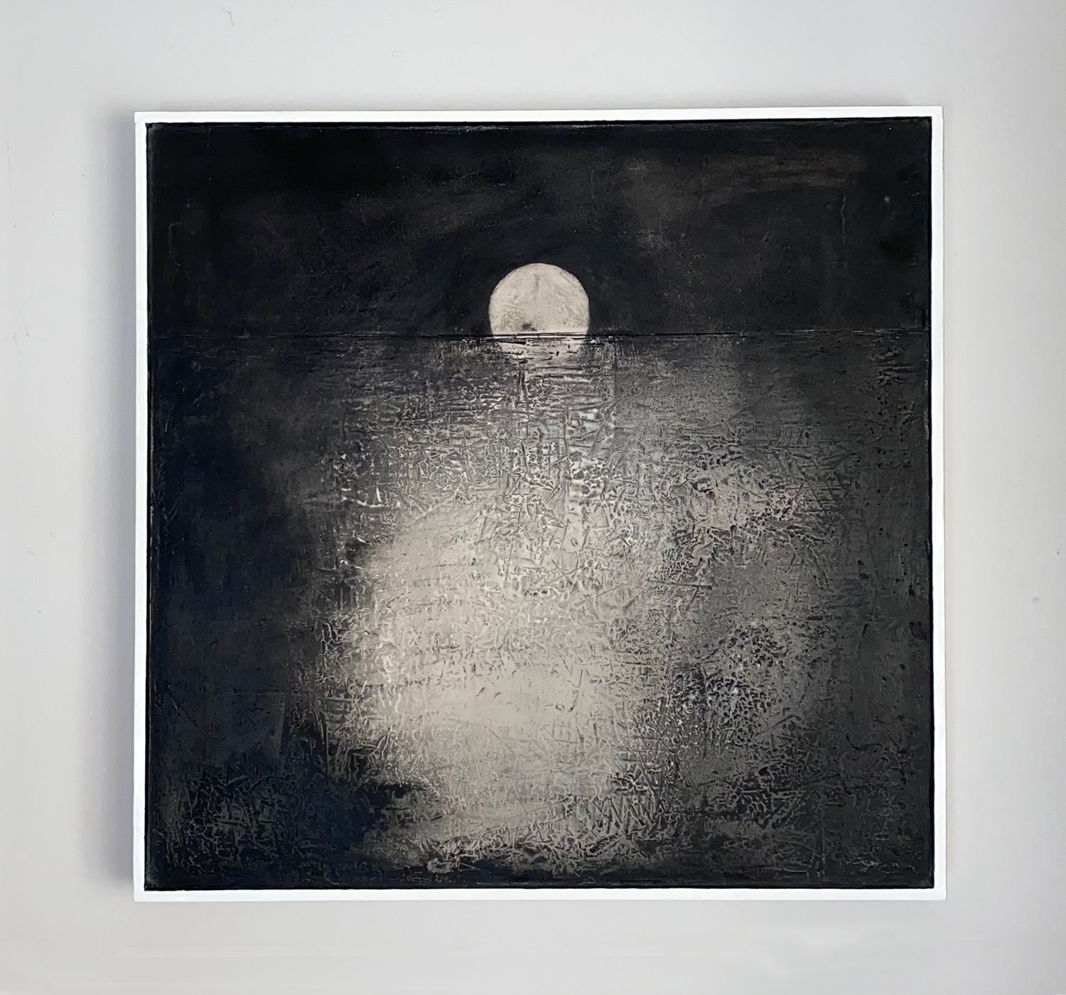 'Sea State V' mixed media painting on canvas. Black and white moonlit scene.