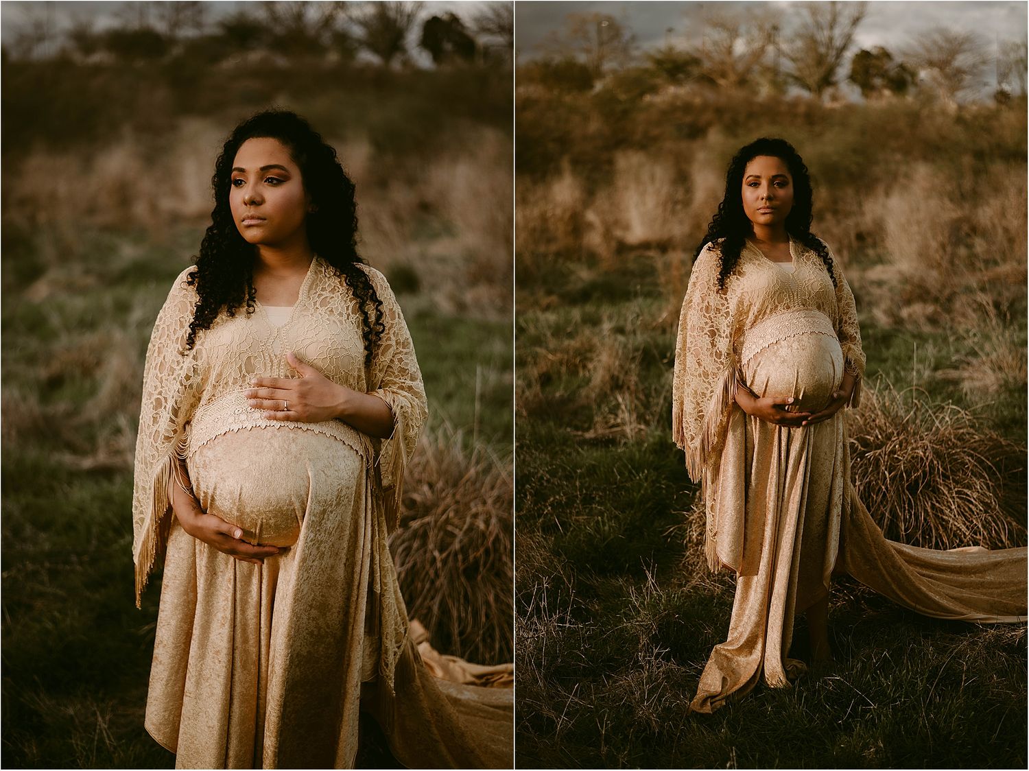 Dreamy maternity portraits featuring a cream lace dress against golden hour lighting.