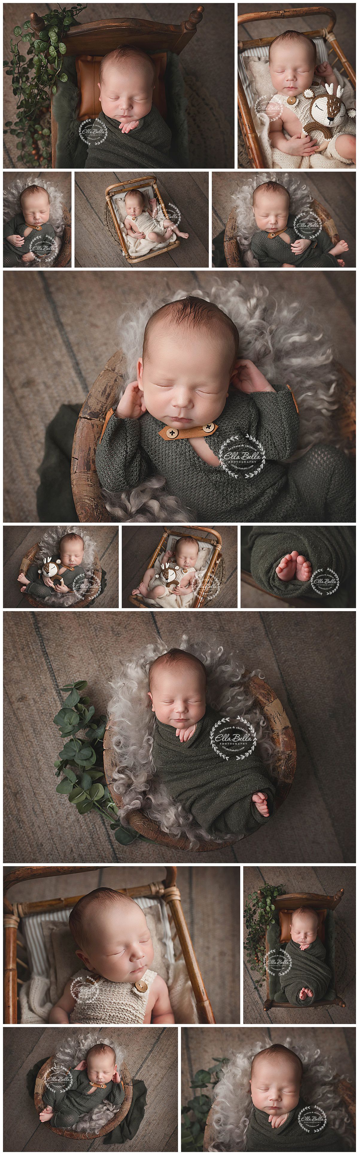 Artistic newborn photo collection featuring baby in rustic wooden props with gray and cream tones.