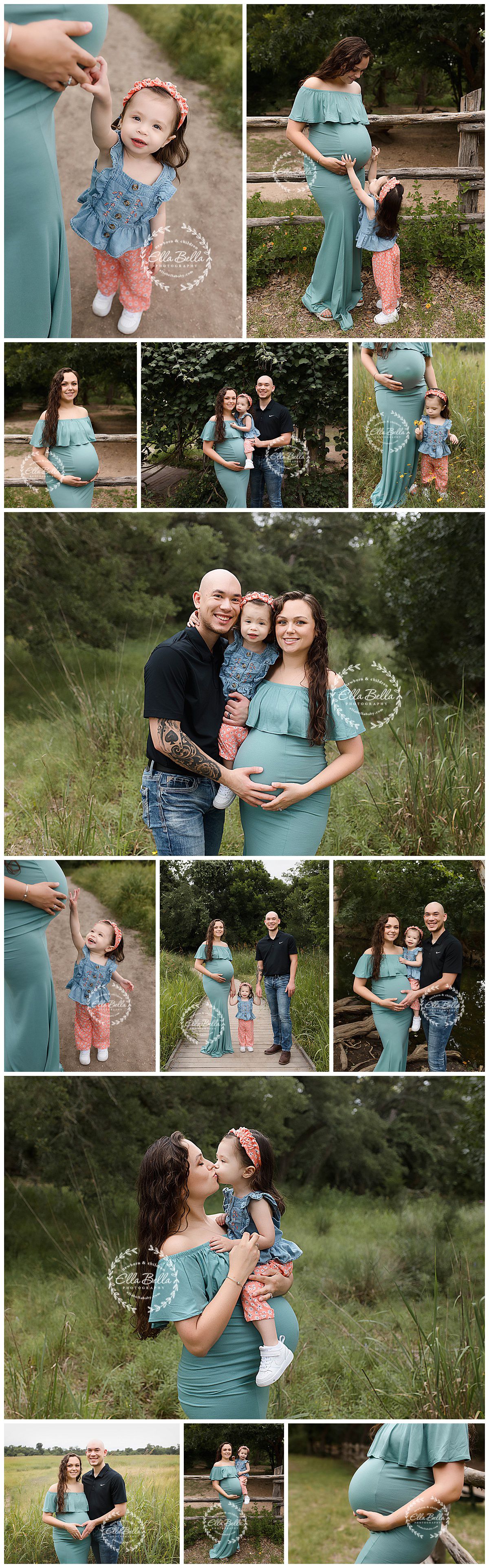 Lifestyle maternity photo session collage with teal dress and natural outdoor settings.