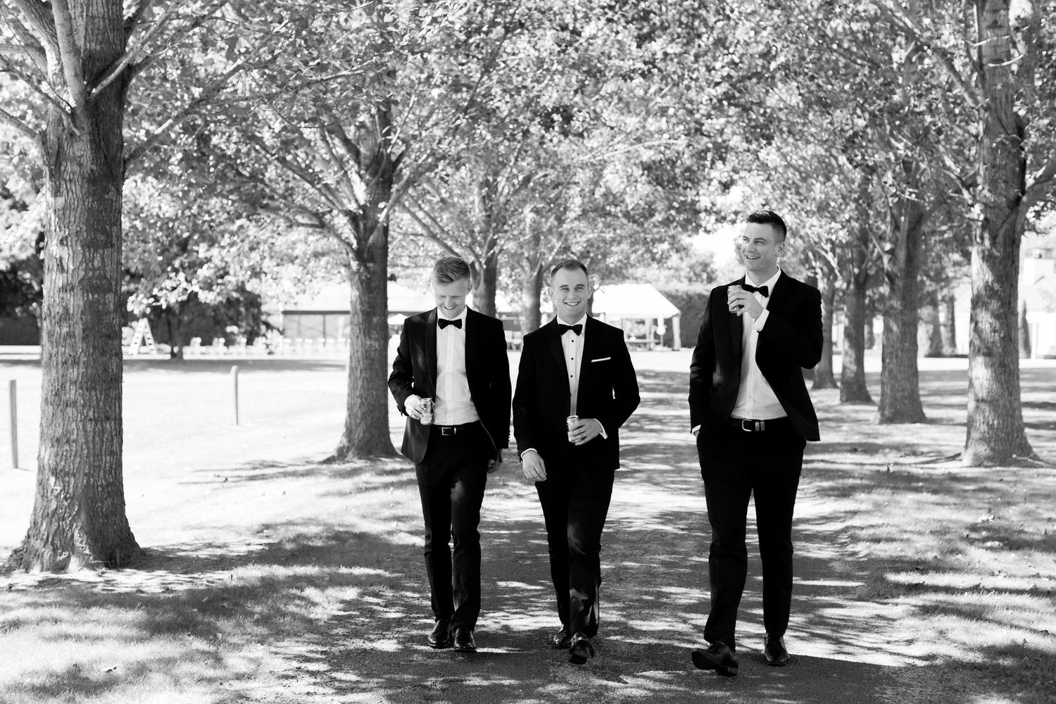 Three people in formal black suits walking along a tree-lined path.