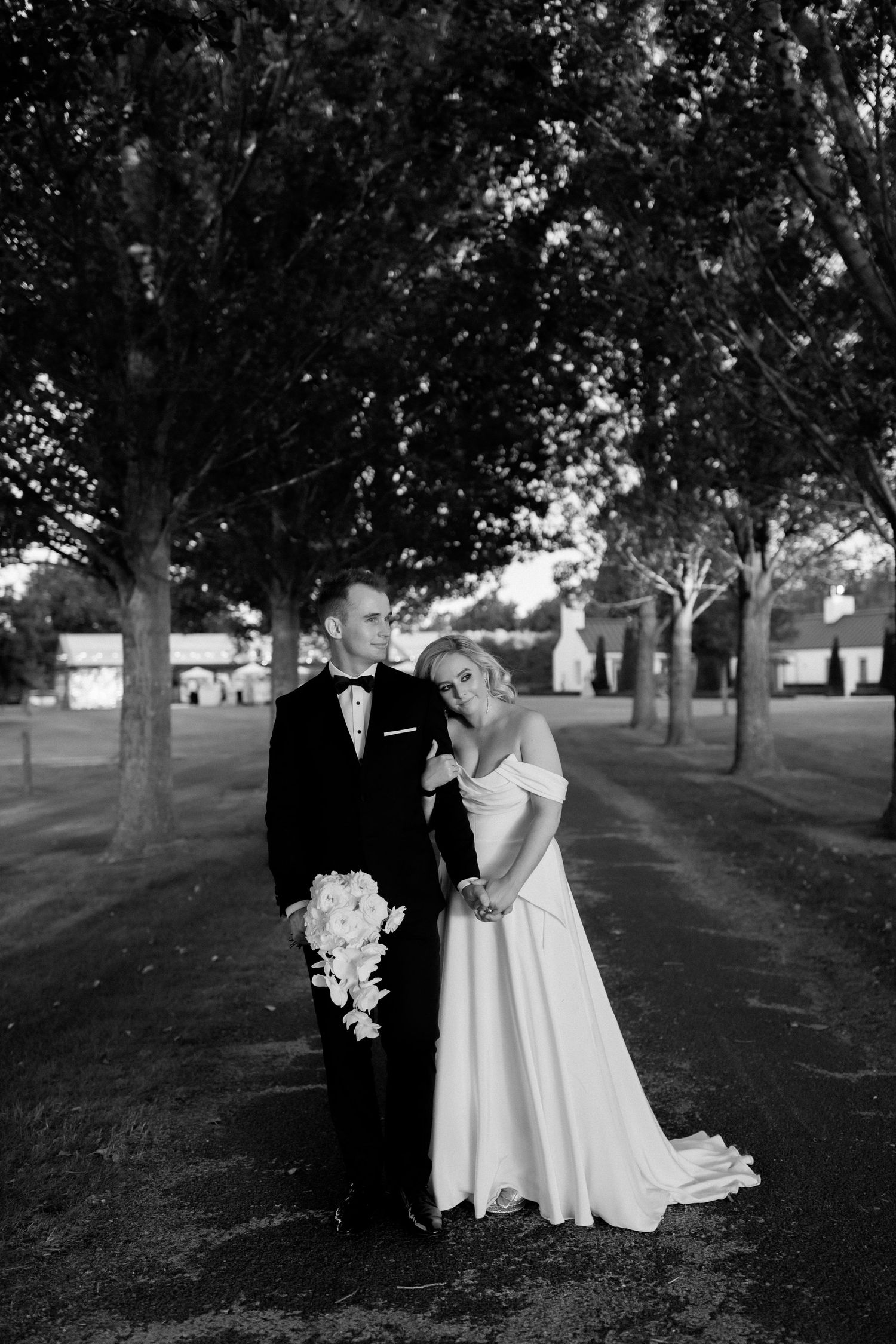 Classic black and white wedding portrait under a tree-lined avenue.