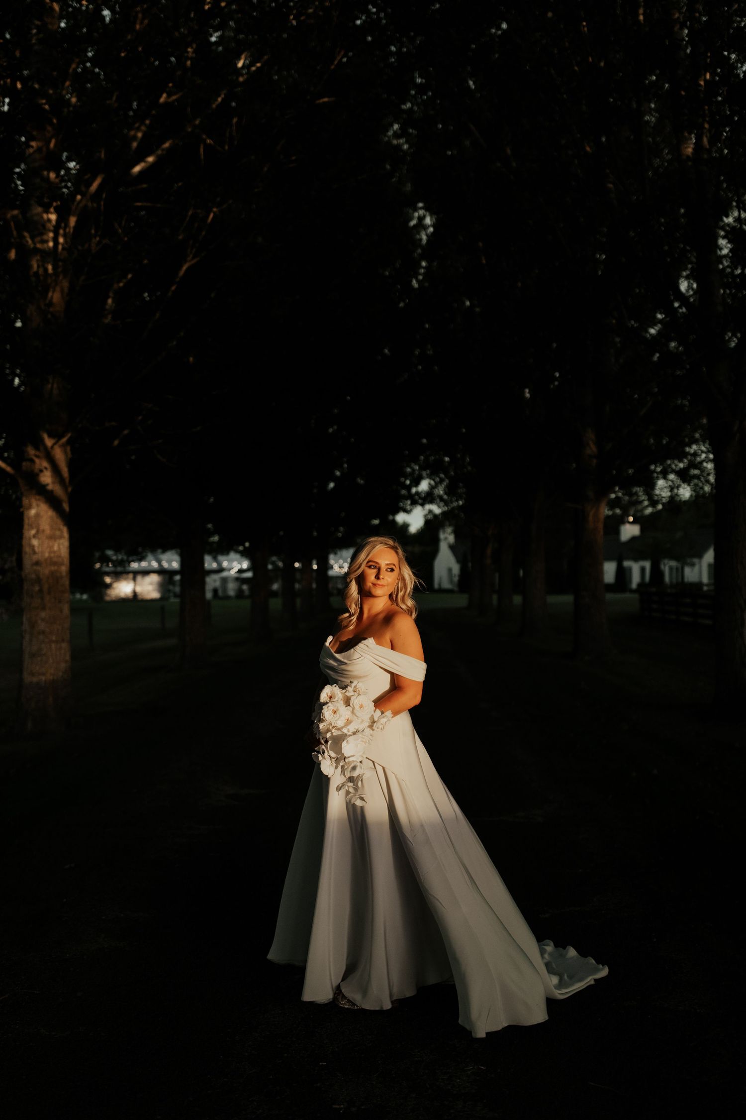 Dramatic sunset portrait of a bride in a flowing white gown among trees.