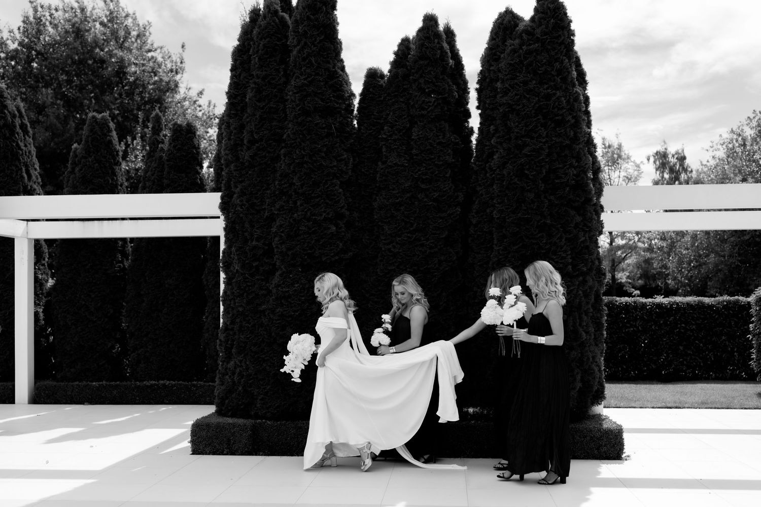 Black and white photo of wedding party adjusting dress by cypress trees.