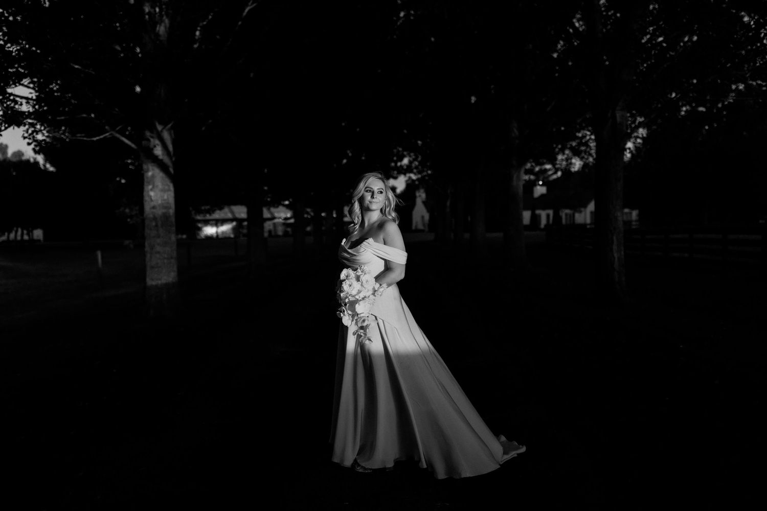 Dramatic evening wedding portrait with flowing dress against dark trees.