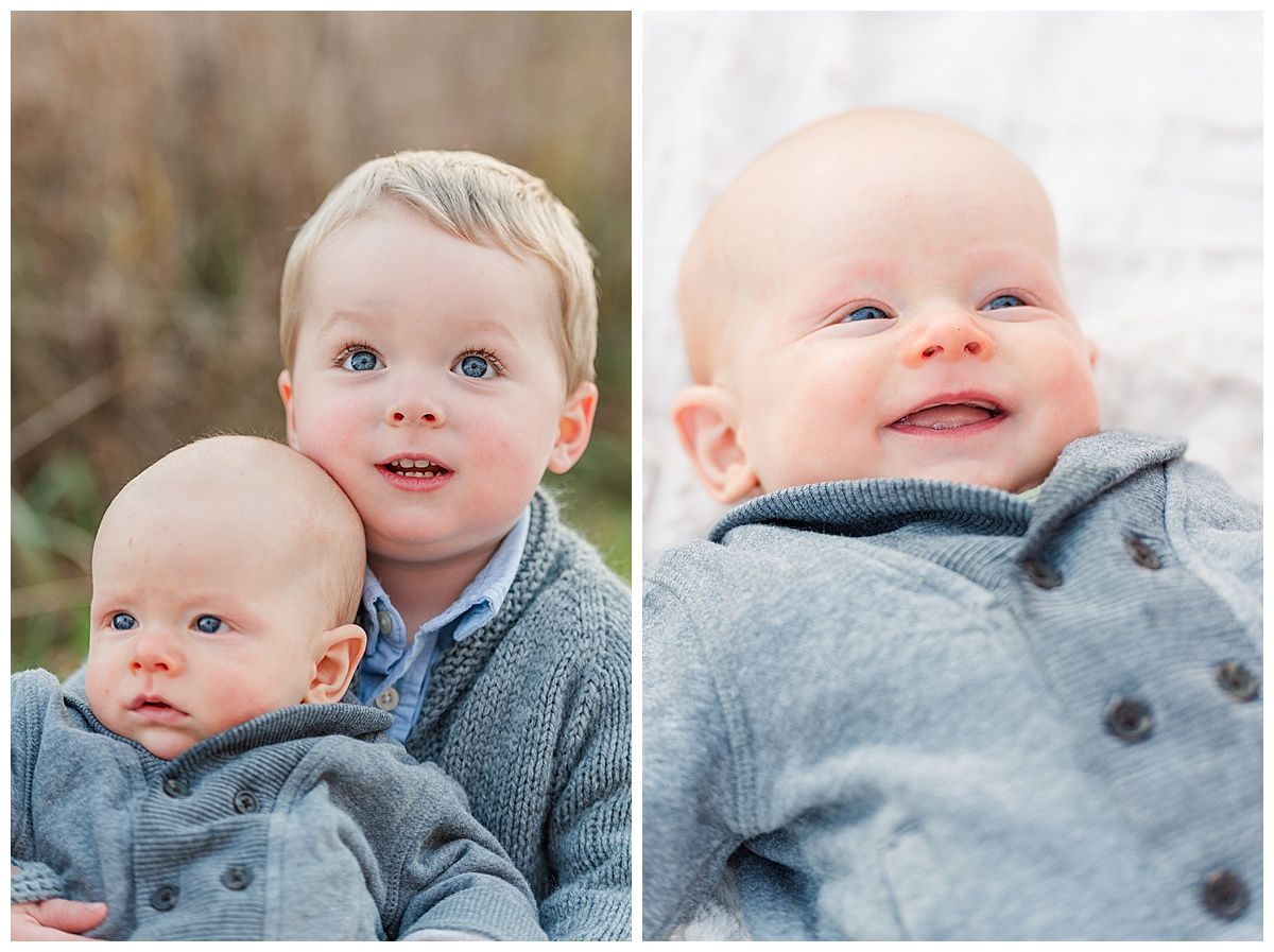Children's photos of baby smiling and toddler holding brother by Jayme Riggleman Photography