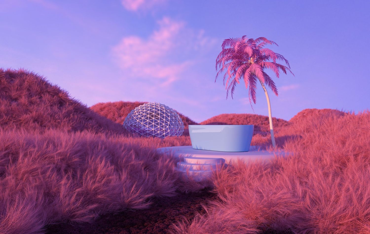 3D art, pink palm tree, light blue bathtub in the middle of a pink fluffy field and a periwinkle sky photo by Mo Eid