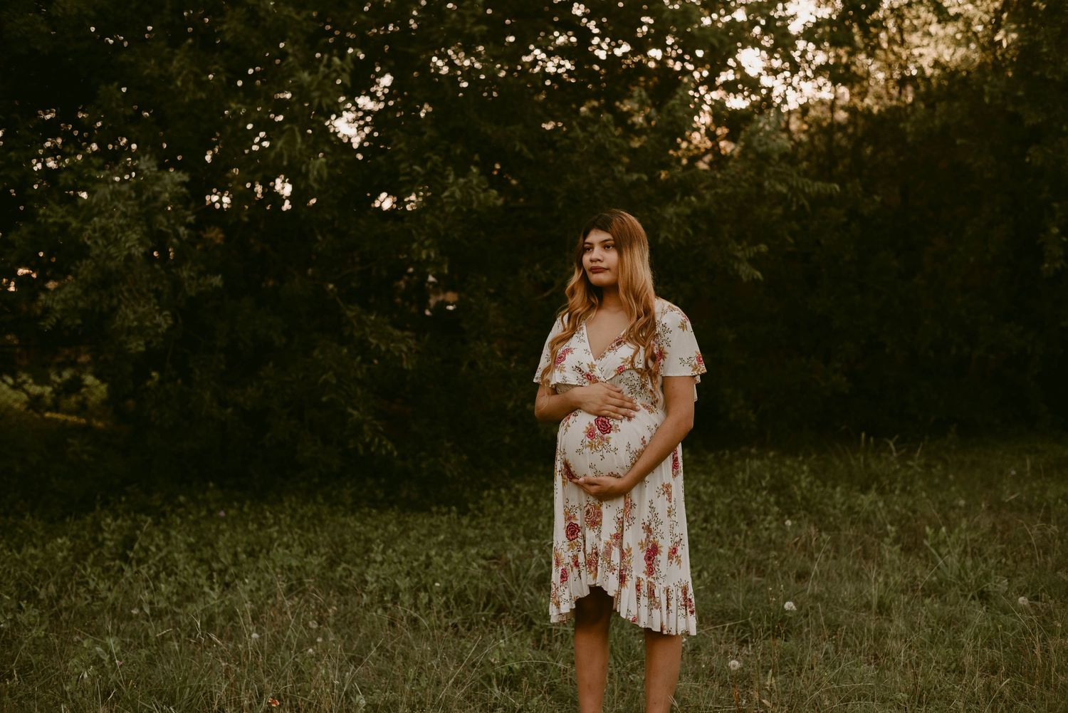 Golden hour maternity photography in floral dress surrounded by tall grass.