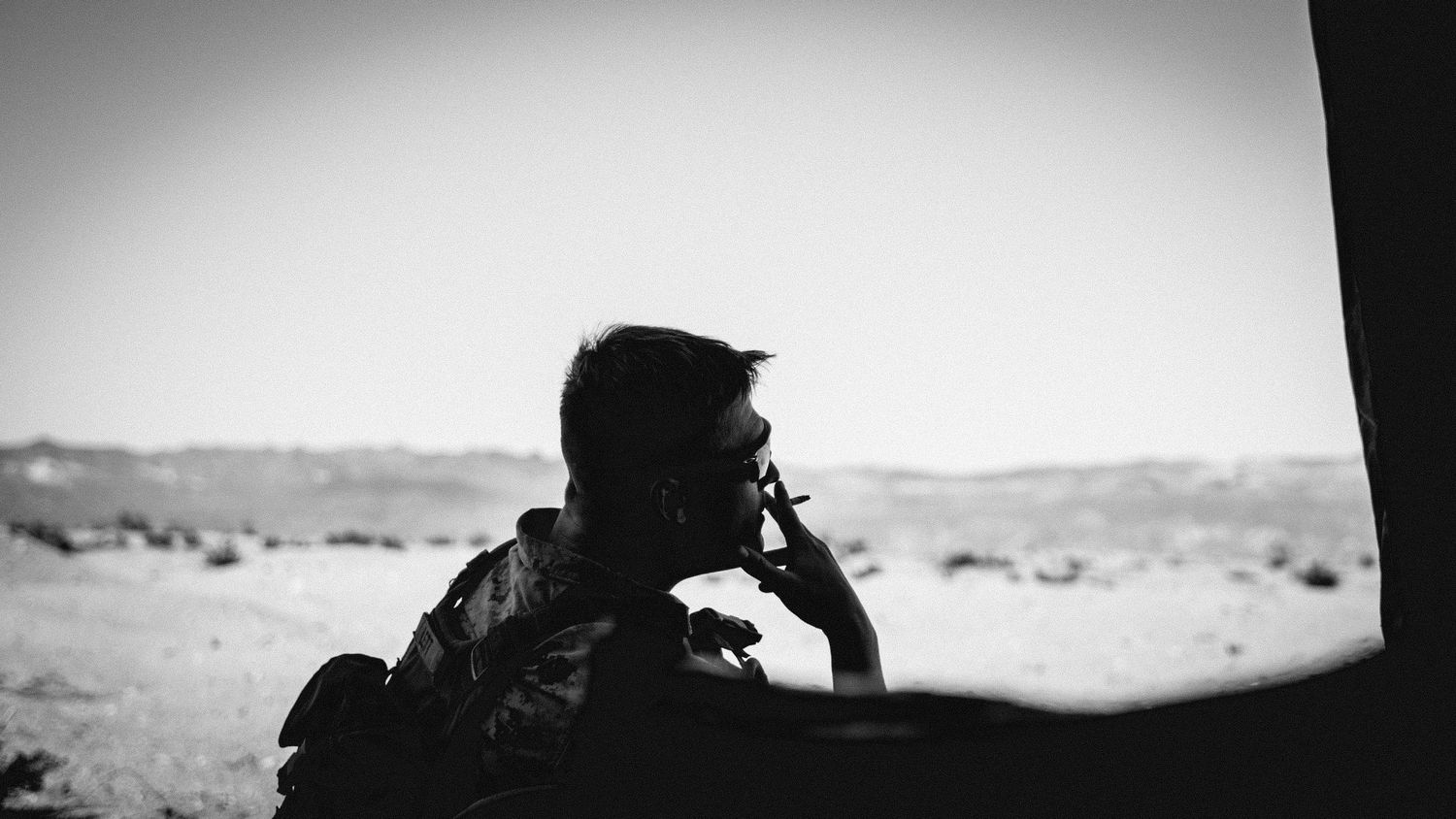 marine smoking in the field( Black & White)