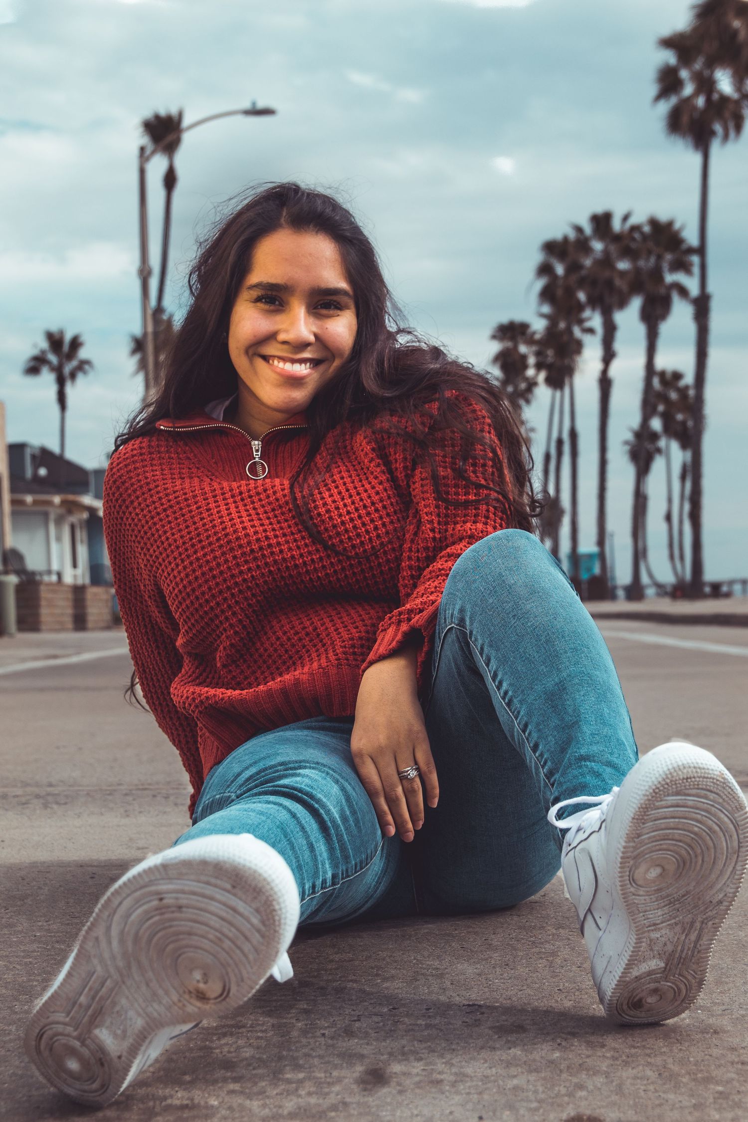 Woman posing in street in oceanside, ca