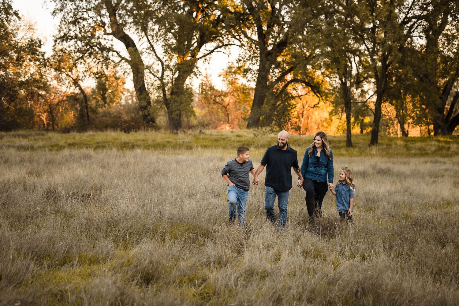 A family walks together through tall golden grass at sunset among oak trees.