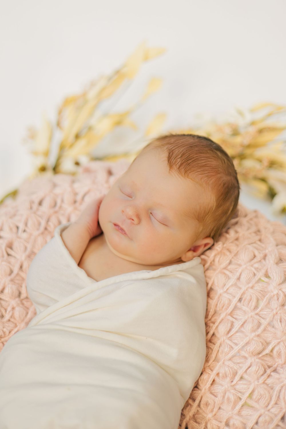 Peaceful sleeping newborn swaddled in white on pink textured blanket with dried wheat decor.