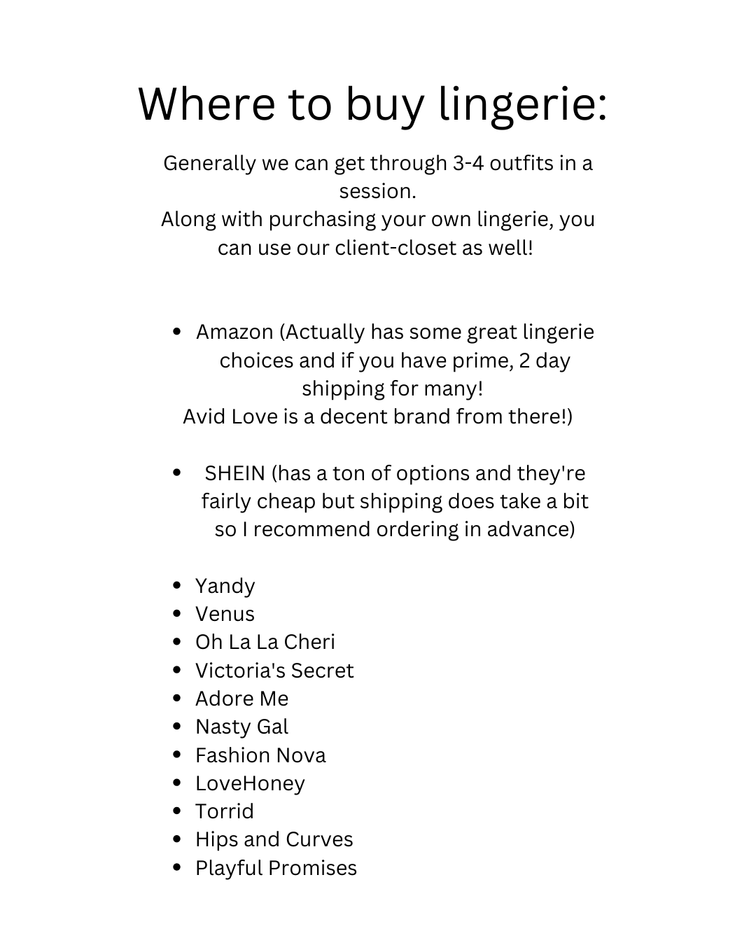 A full outfit and lingerie guide sent to boudoir clients in cape girardaeu missouri