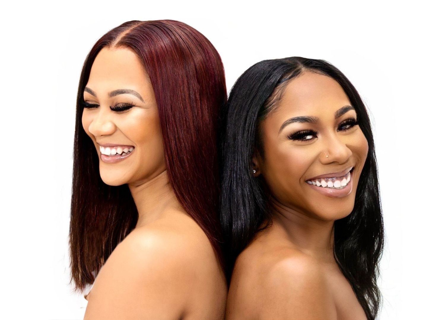 Back-to-back beauty portrait featuring contrasting red and black hairstyles.