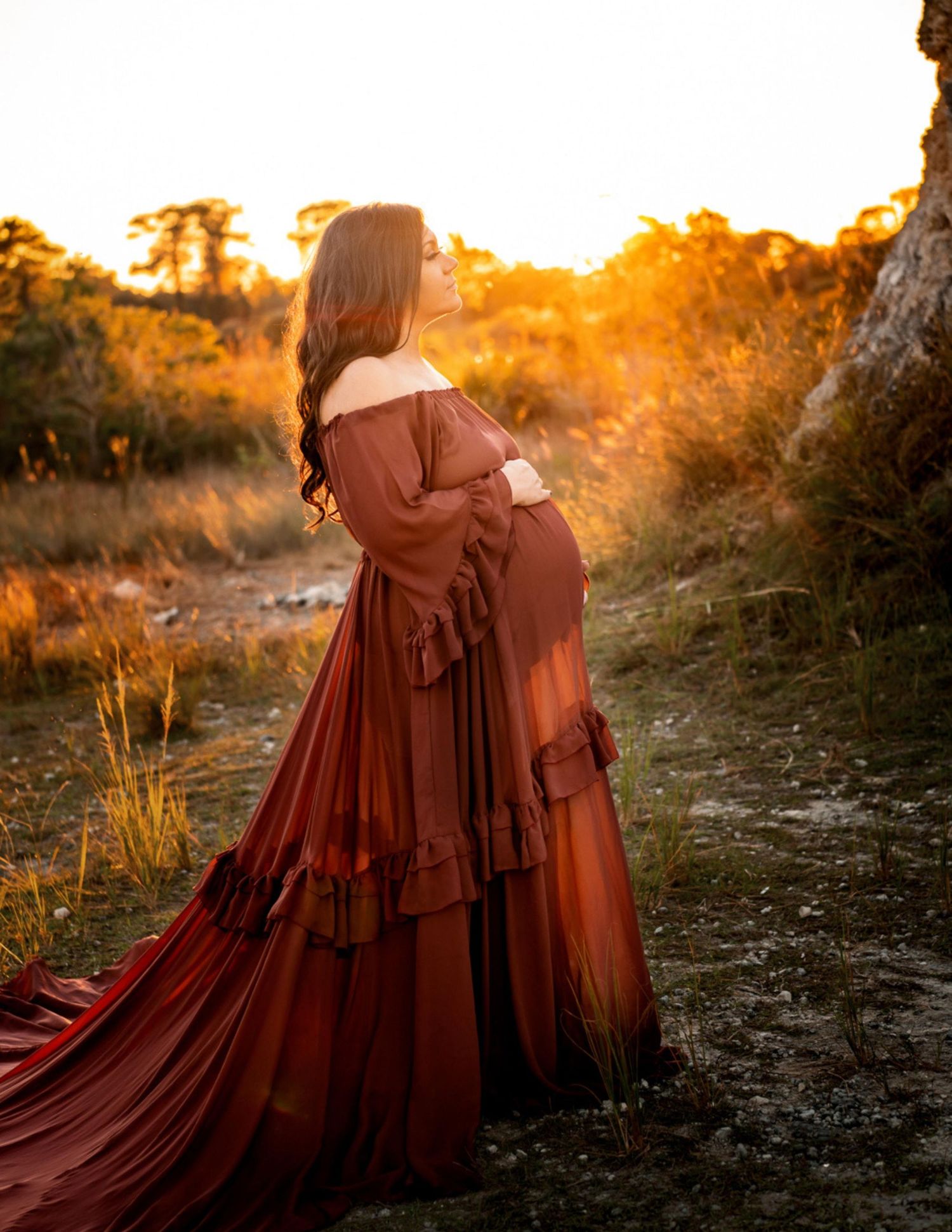 Pregnant woman in flowing rust off-shoulder gown poses outdoors during golden sunset in natural landscape.