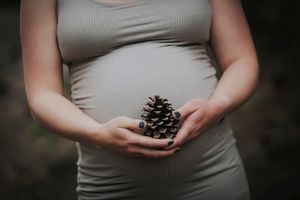 Pregnant woman holds a pine cone for the photographer.