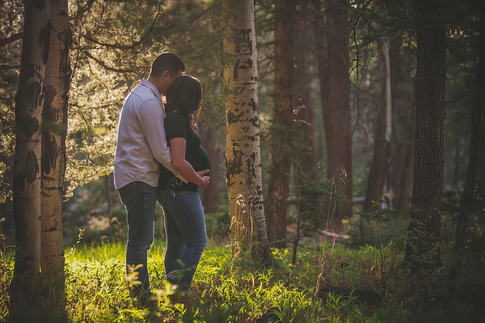 Maternity portrait of couple in the woods with sun coming in from behind.