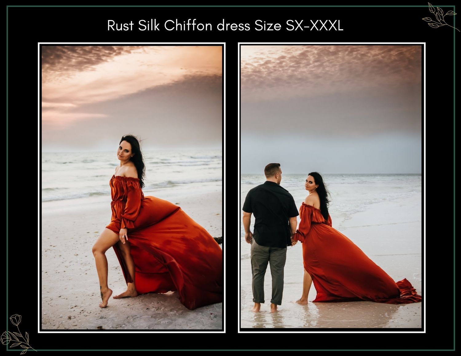 Woman in rust silk chiffon dress poses on beach, flowing fabric in wind, couple standing by ocean at sunset.