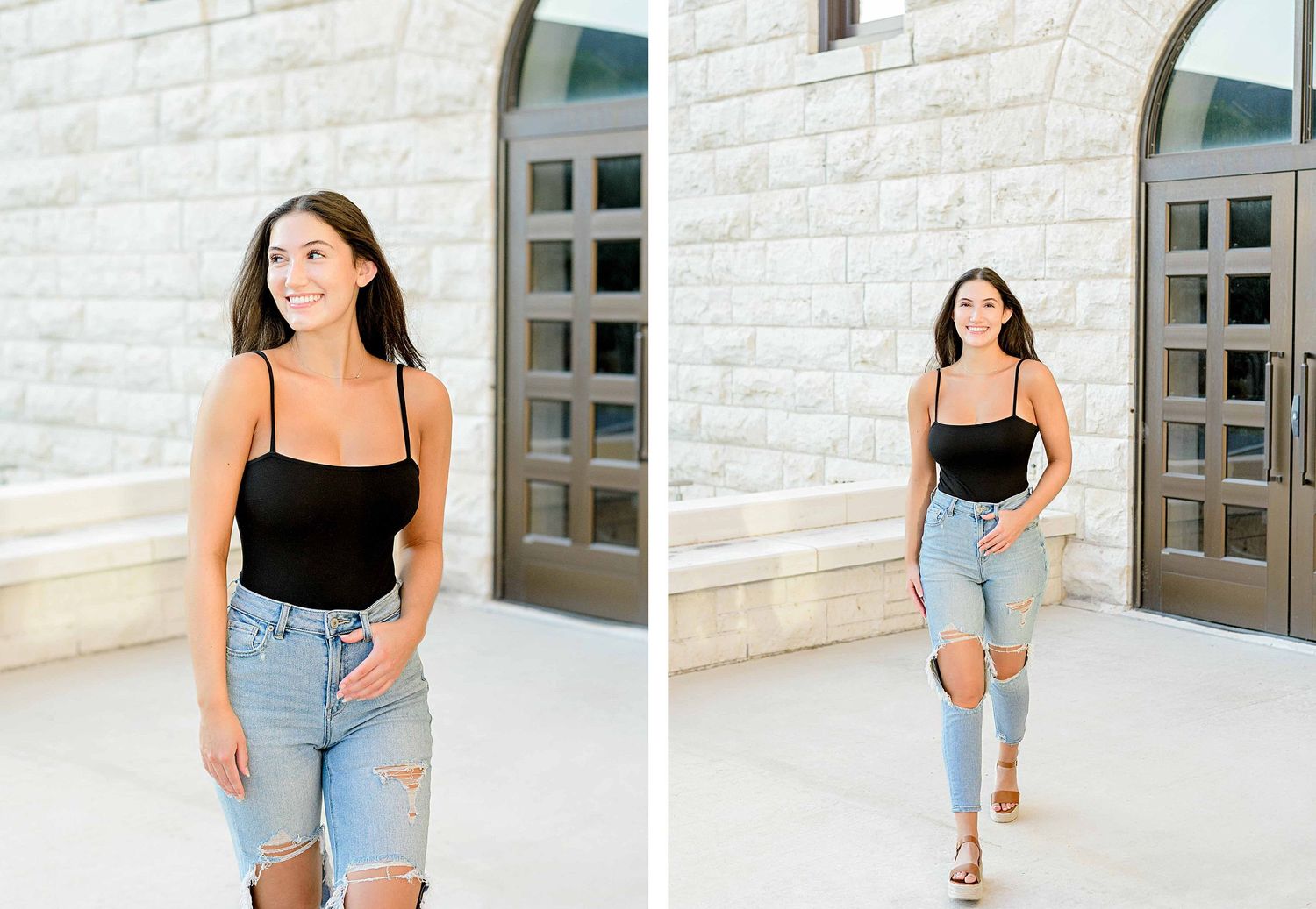 Modern fashion portraits showcasing casual style against white stone architecture and arched doorway.