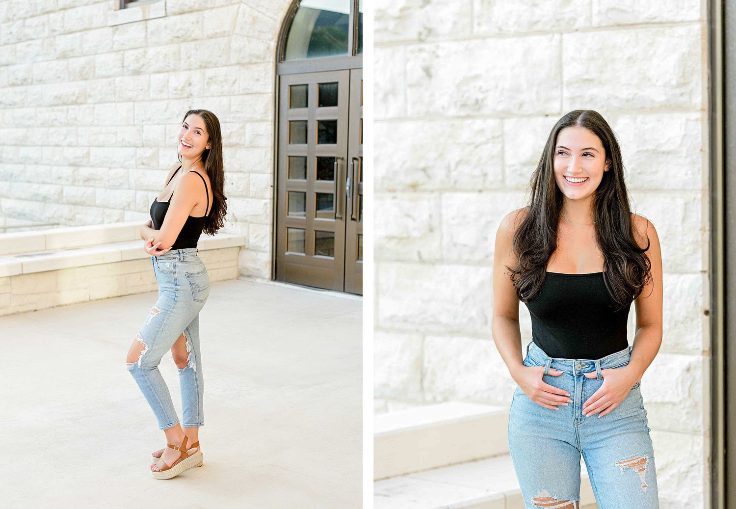 Fashion lifestyle portraits featuring distressed denim and black top against white stone architectural backdrop.